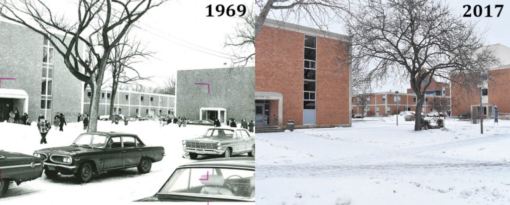Until the early 1990s, roads cut through Winona State's campus. Wide sidewalks now replace the roads as part of the university's efforts to beautify campus.