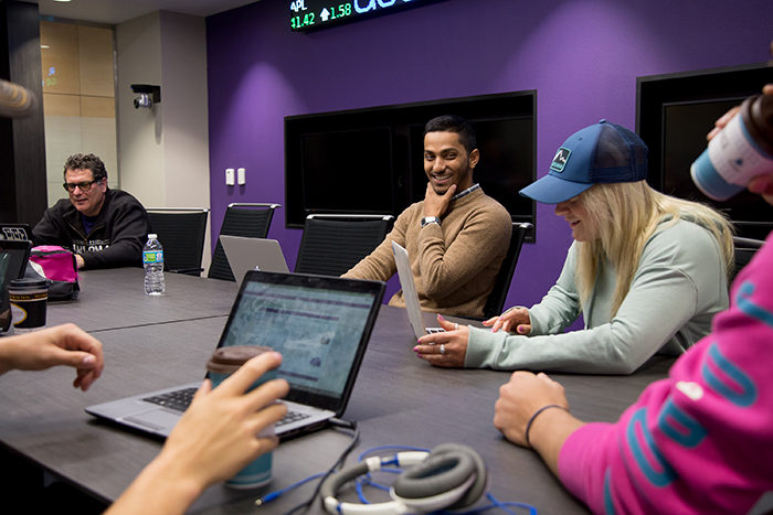 Senior international student from Dhaka, Bangladesh, Wasil Chisti (center), participates in a College of Business startup meeting as student resource manager on Friday, April 21, 2017 at Winona State’s College of Business Engagement Center. The College of Business startup is a student-run organization with approximately 8-10 students who collaborate to reach out to the student body of Winona State with job oppurtunities.