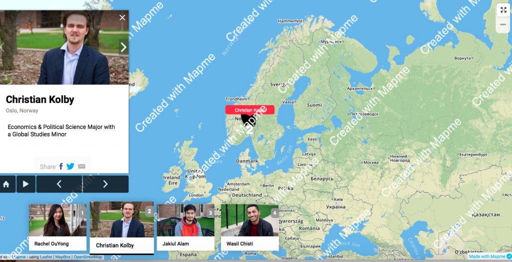 Click the map to see where the four featured international students are from.